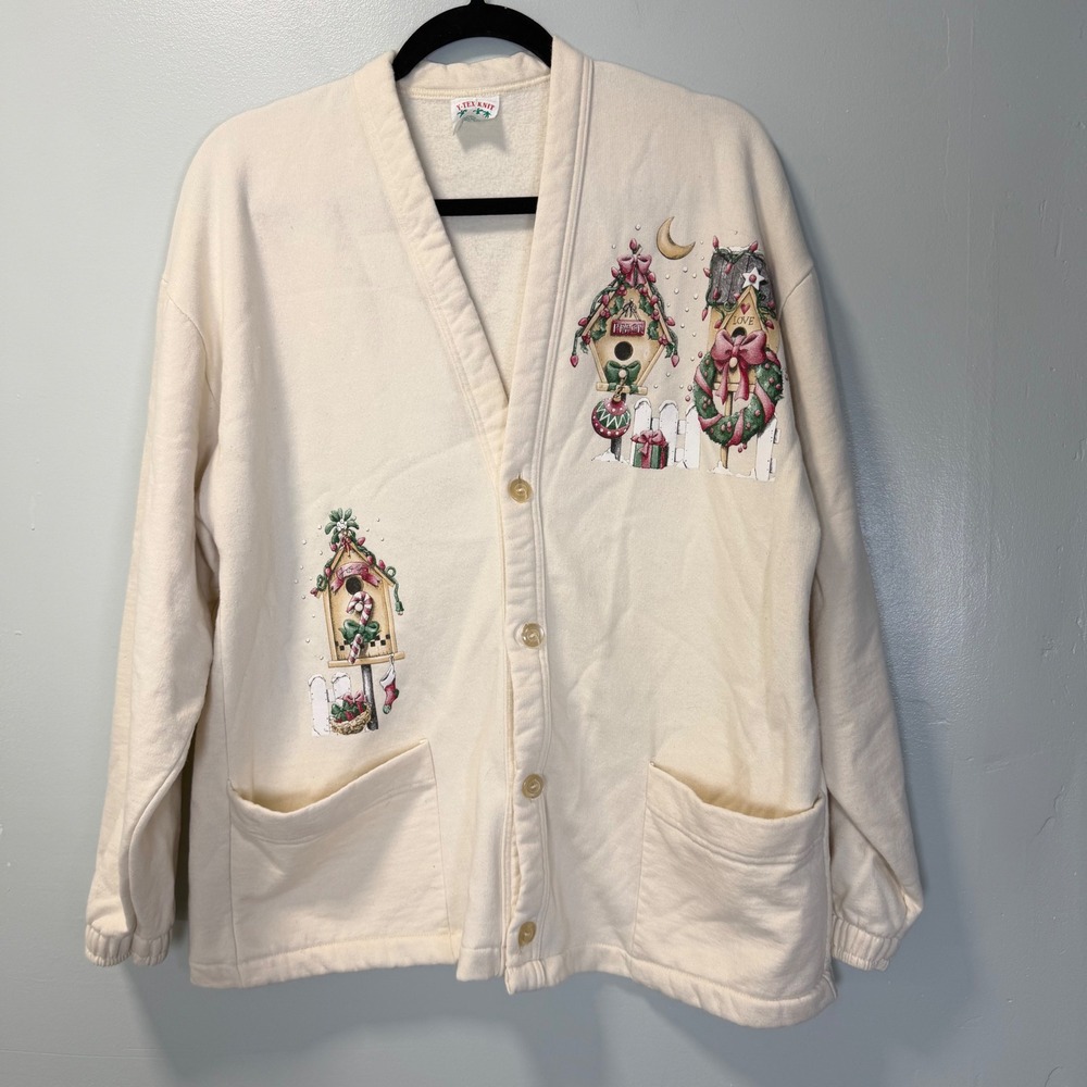 Y-Tex Knit Vintage Christmas Birdhouse Sweatshirt Cardigan Off White OSFA USA